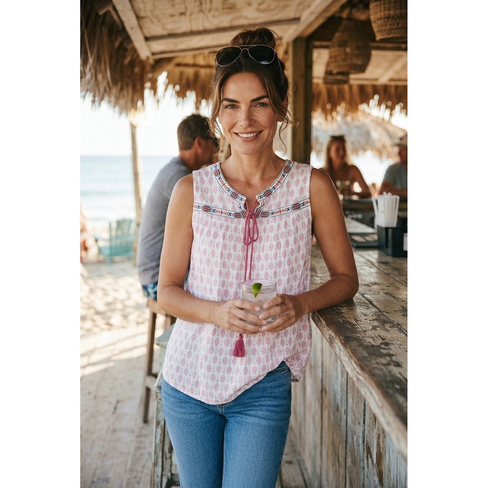 Caffe Marrakesh Boho Top Womens 1X Embroidered Tassel Sleeveless Blouse